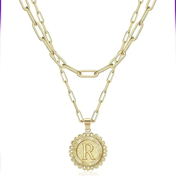 Chic 14K Gold Plated 2 Side Layered Chain Necklace with Medallion Letter R New
